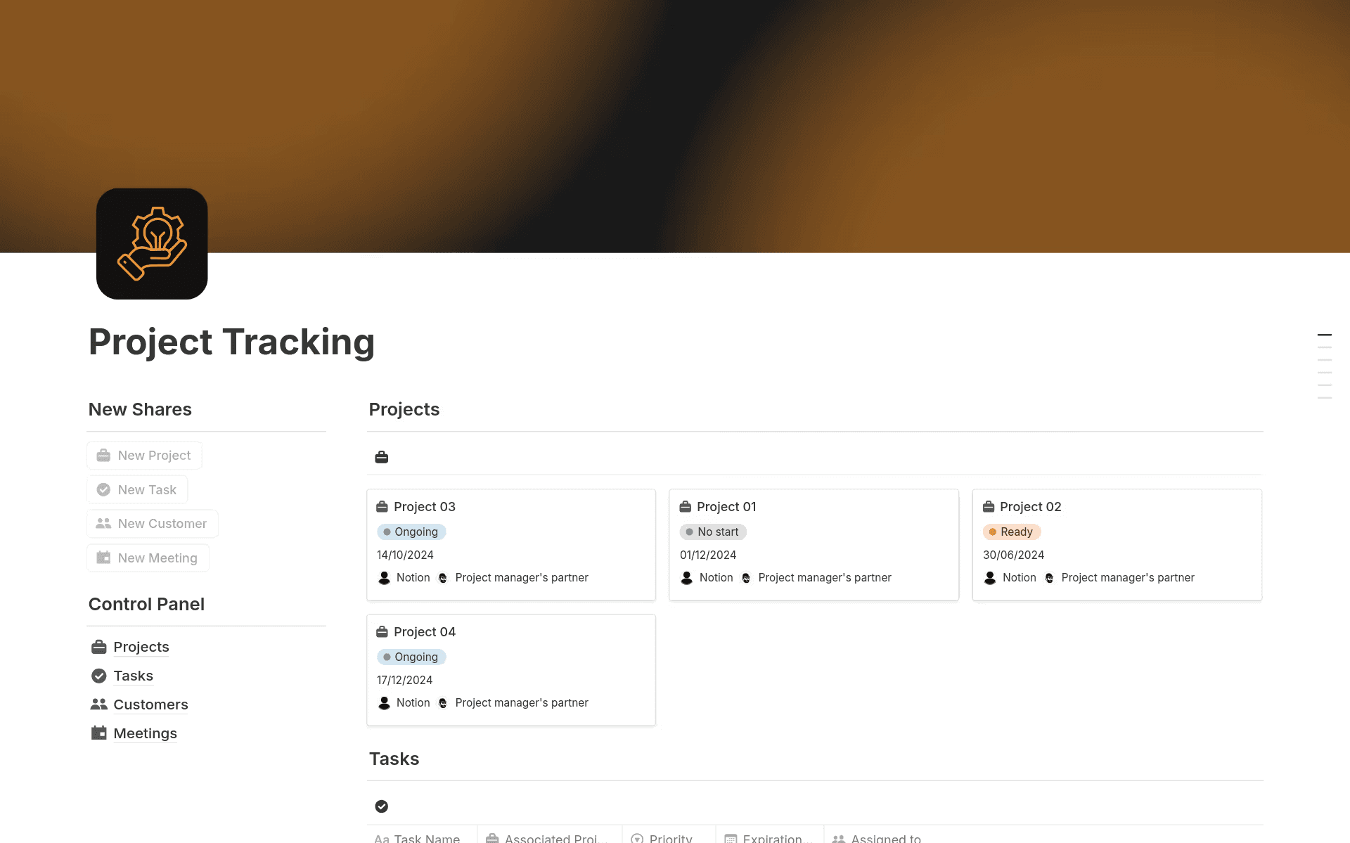 Notion’s project tracker template, showing project cards and a control panel for tasks and meeting documents